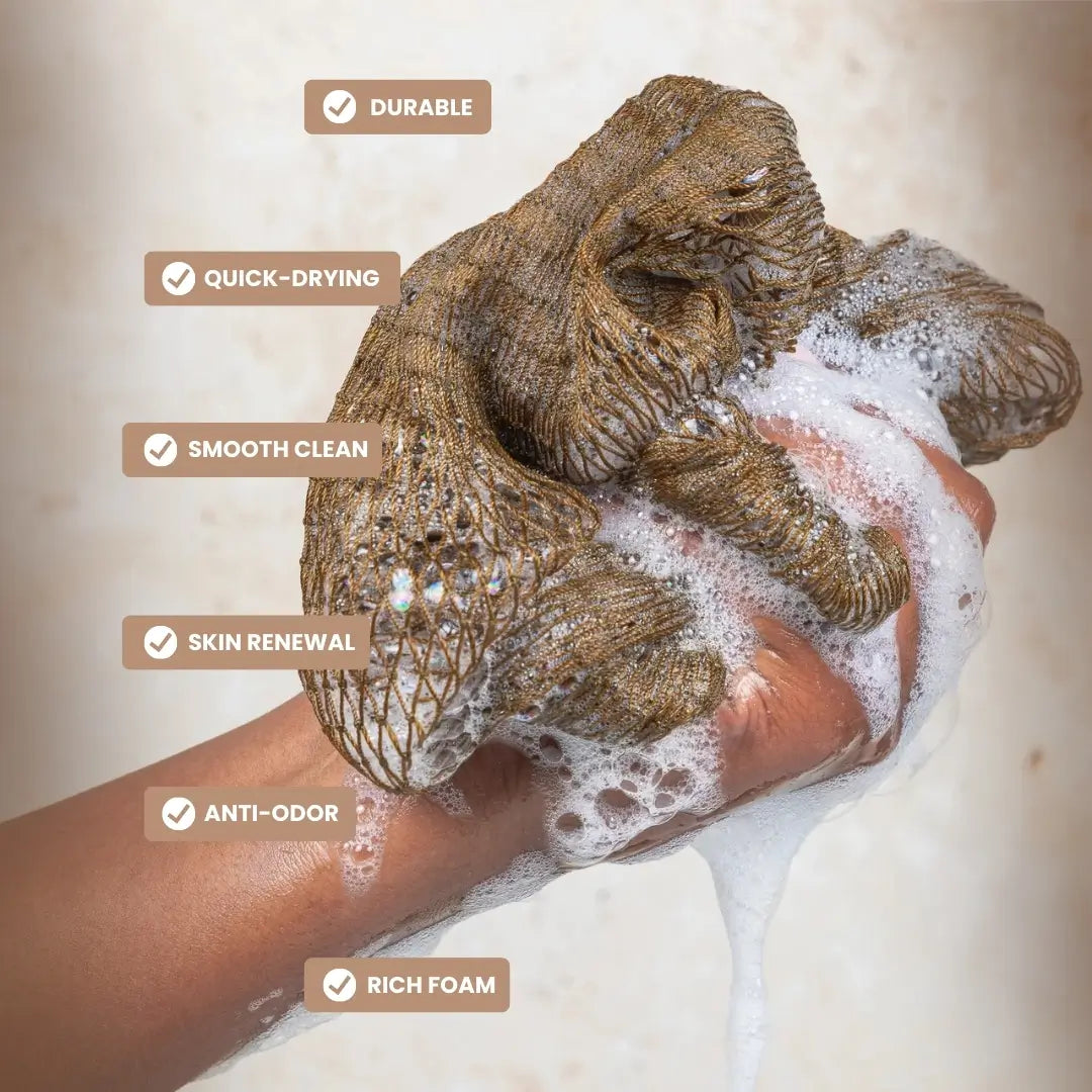 Infographic showing benefits of African Net Sponge: prevents ingrown hairs, improves circulation, and deep exfoliation.