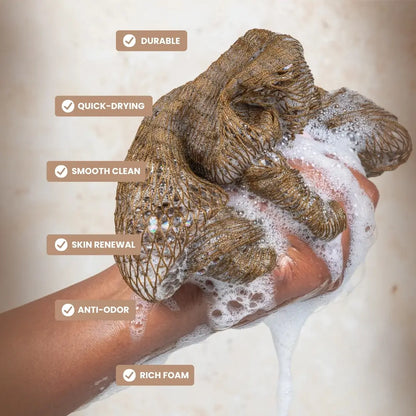 Infographic showing benefits of African Net Sponge: prevents ingrown hairs, improves circulation, and deep exfoliation.